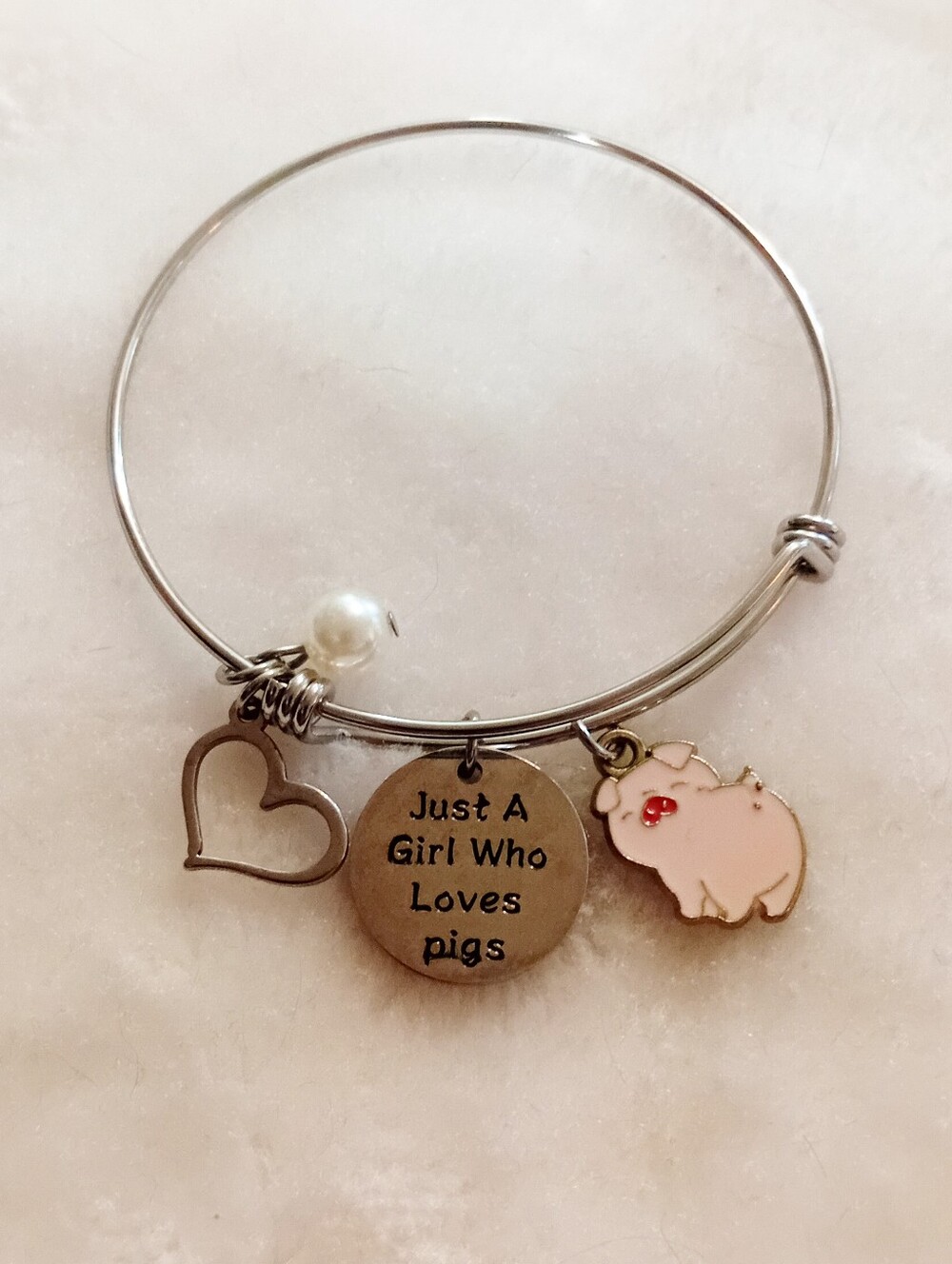 Just A Girl Who Loves Pigs Silver Bangle Bracelet with Pink Pig Charm